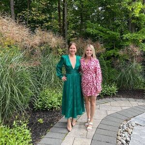 Ronny Kobo Collection Green Plunge Neckline Gown with Bishop Sleeves